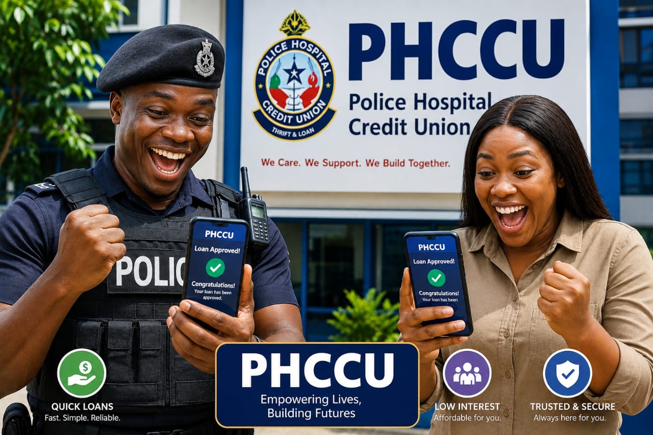 Ghana Police Service Hospital staff and officers reviewing credit union documents together
